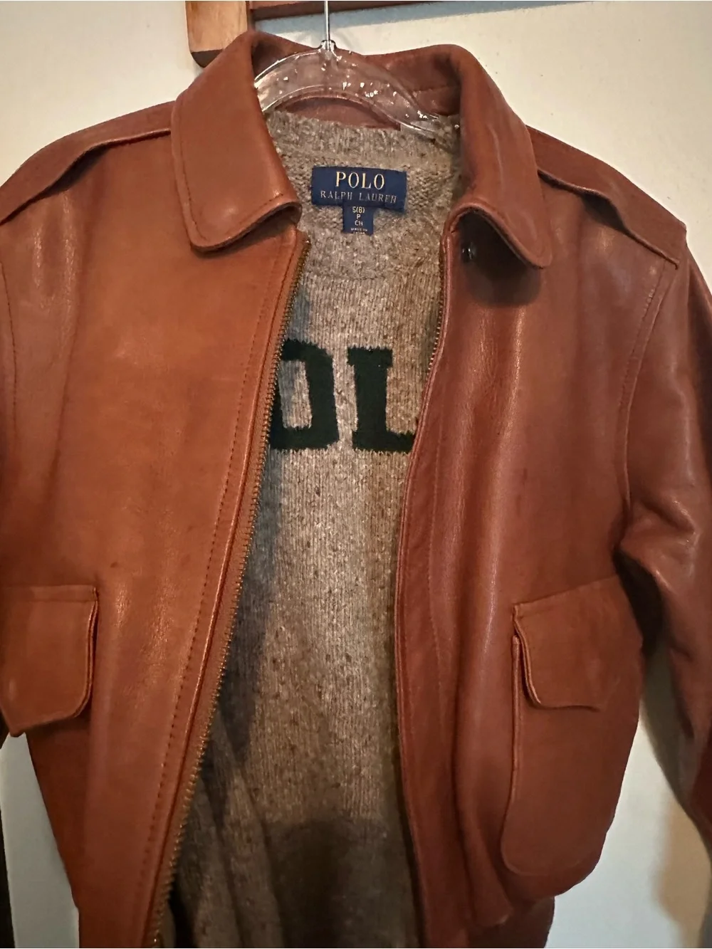 Vintage POLO Ralph Lauren Kids Brown Genuine Leather Bomber Jacket Coat